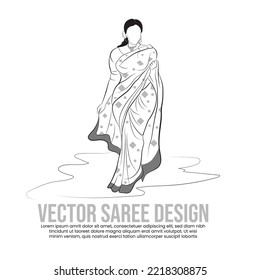 Indian saree design illustration, Vector drawing of a woman, A lady walking on ramp