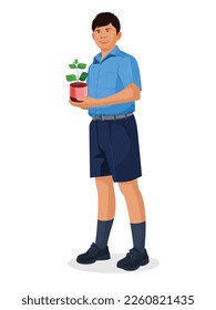 Indian School boy holding a plant, Vector graphic illustration. Indian school