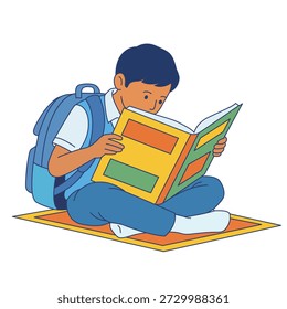 Indian School Boy Reading Big Book Vector. Flat Design of Happy Student Sitting on Mat with Backpack. Education, Library, and Literacy Concept Isolated Illustration.
