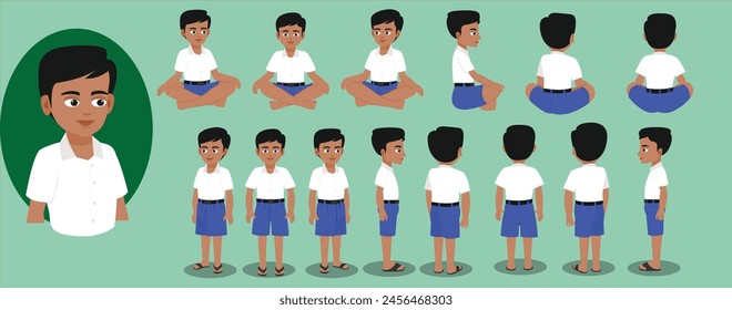 indian school boy stranding and sitting in different angles. isolated illustration