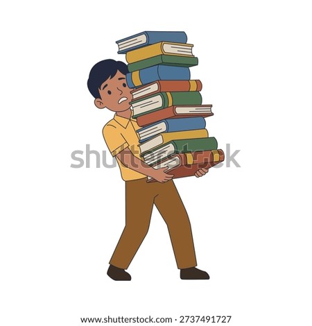 Indian School Boy Struggling with Heavy Stack of Books Vector. Flat Design Illustration of Male Student Carrying Large Pile of Textbooks for Education Pressure Concept.