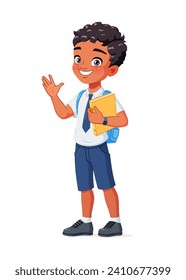 Indian school boy in uniform waving hand. Cartoon vector illustration isolated on white background.