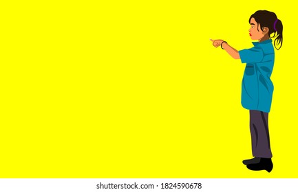 An indian school girl cartoon pointing finger alone on yellow background abstract art for educational concept.