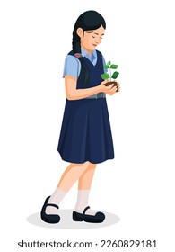 Indian School girl holding a plant, Vector graphic illustration. Indian school