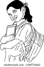 Indian School Girl Line Art Vector Stock Image, Indian Kid Girl In School Dress Holding Books And School Bag Sketch Drawing, Indian School Kid Silhouette