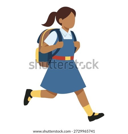 Indian School Girl Running with Backpack Vector. Flat Design of a Happy Student in Blue Uniform Going to School. Education and Back to School Concept Isolated Illustration.