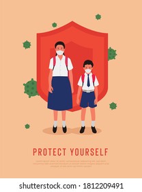 Indian school kids in uniform with mask and virus protection background elements