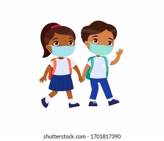 Indian schoolgirl and schoolboy going to school flat vector illustration. Couple pupils with medical masks on their faces holding hands isolated cartoon characters. Two elementary school students 