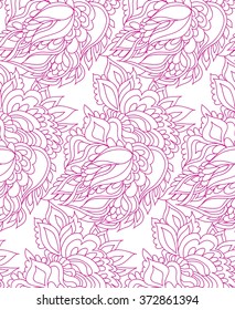 Indian seamless background pattern with flowers and leaves. Line art. Vector illustration hand drawn.