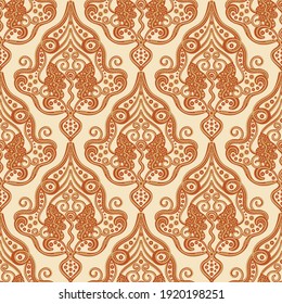 Indian Seamless Floral Pattern In Vector, Orange Ornament On A Beige Background. Beautiful Decorative Pattern For Fabric, Paisley