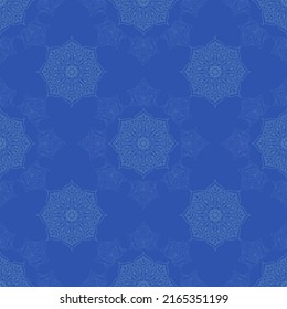 Mandala de patrón geométrico indio sin fisuras en un fondo azul. Imprimir, ilustración vectorial