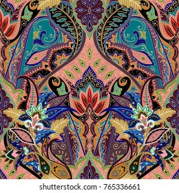 Indian seamless paisley pattern, decorative border for textile, wrapping, decor. Bohemian design. Vector illustration