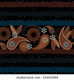 Indian seamless paisley pattern with striped background. Wrapping print. Floral ornament, for fabric, textile, cards, wrapping paper, wallpaper template, packaging.Ornamental border