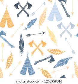 Indian seamless pattern of arrows, feathers and axes on a white background