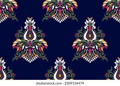 Padrão indiano sem costura padrão vetor ilustration.Ikat floral no fundo azul,Ikat padrão de design,estilo asteca,abstract,baroque style.design para textura,tecido,roupas,decoração,sarong,imprimir 