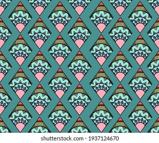 Indian seamless pattern design for home decor ideas. Fabric, boho, geometric, fashion style. Pillow textile decoration wallpaper. Ornament, ikat, ethnic vector illustrations background.