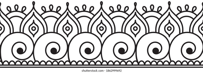 Patrón indio sin fisuras en estilo étnico oriental para el diseño, henna, mehndi y tatuajes. Ilustración vectorial aislada en fondo blanco.