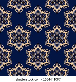 Indian seamless pattern. Golden design on dark blue background. Vector illustration