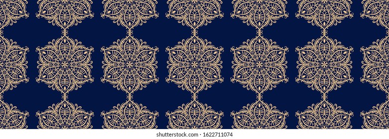 Indian seamless pattern. Golden design on long dark blue background. Vector illustration