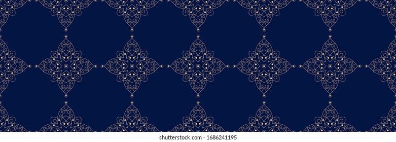 Indian seamless pattern. Golden design on long dark blue background. Vector illustration