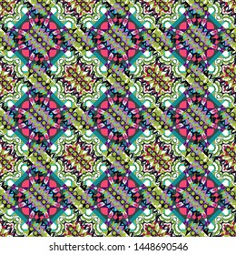 Indian seamless pattern in green, black and white colors - detailed and easily editable. Vector illustration.