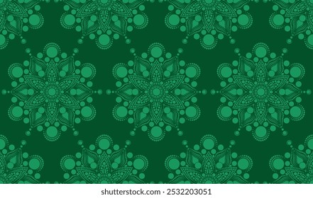 Indian seamless pattern. Paisley background in ethnic style. Fabric design Rangoli mandalas texture for scrapbooking, crafts, prints, textile printing, wallpaper vector green background