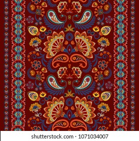Indian seamless pattern. Wallpaper with Paisley. Ethnic style. Border ornament. Brown orange blue.