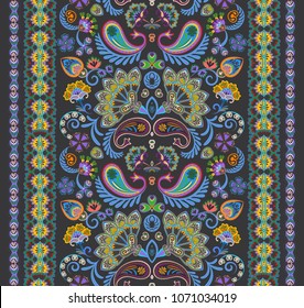 Indian seamless pattern. Wallpaper with Paisley. Ethnic style. Border ornament