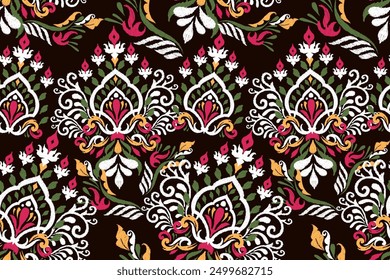 Indian seamless pattern.Ikat floral pattern on black background vector illustration.Ikat ethnic oriental embroidery,traditional,Aztec style,abstract.design for texture,fabric,clothing,wrapping,print.