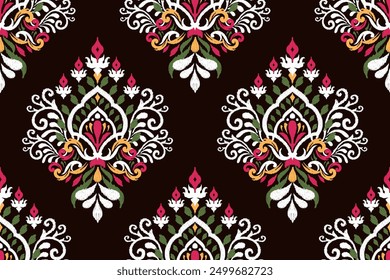 Indian seamless pattern.Ikat floral pattern on black background vector illustration.Ikat ethnic oriental embroidery,traditional,Aztec style,abstract.design for texture,fabric,clothing,wrapping,print.