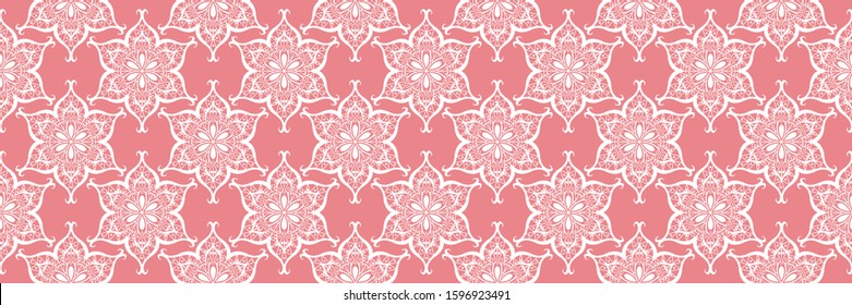 Indian seamless pink background with white pattern. Vector illustration