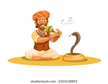 Indian Serpent Charmer Traditional Art Perform Character Cartoon illustration Vector