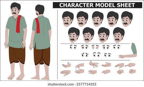 Indian Servant Sprite Sheet | Rigged 2D Character with Lip Sync, Walk Cycle, Eye Blink, Eyebrow Expressions, and Hand Sync | Ready-to-Use for Animation