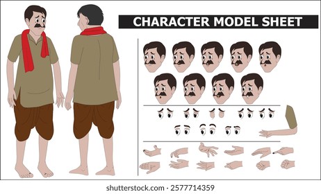 Indian Servant Sprite Sheet | Rigged 2D Character with Lip Sync, Walk Cycle, Eye Blink, Eyebrow Expressions, and Hand Sync | Ready-to-Use for Animation