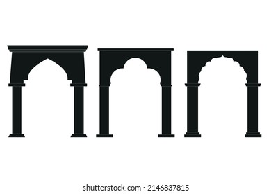 Indian set arch vector illustration and architecture of entrance palace, flat silhouette icons, simple black elemets of ancient tradition