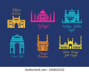 indian set temples architecture icons