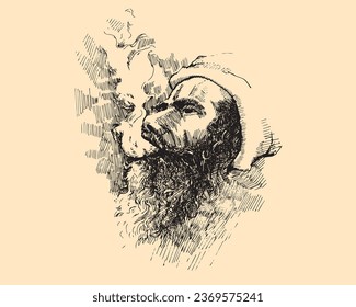 Indian shadhu character sketchy drawing vector illustration on the yellow background. Kumbho mela in prayagraj, alahabad of india.