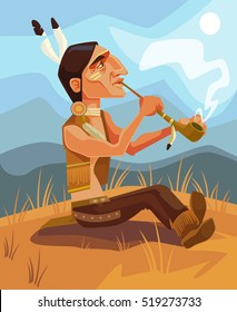 Indian shaman chief character smoking pipe of peace. Vector flat cartoon illustration