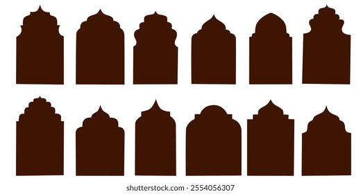 Indian Shape Arch Frame. Set of silhouette eid mubarak decorative arches, mosque borders or moroccan gates. Traditional islamic window. Arabic muslim architecture design elements, ramadan frames