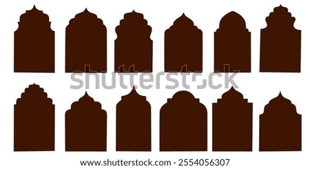 Indian Shape Arch Frame. Set of silhouette eid mubarak decorative arches, mosque borders or moroccan gates. Traditional islamic window. Arabic muslim architecture design elements, ramadan frames