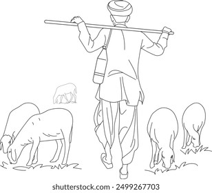 Indian Shepherd with a herd of goats, Hand drawn in thin line style