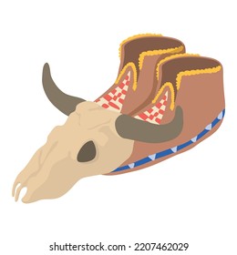 Icono de zapato indio vector isométrico. Antiguo hindú americano, cráneo de búfalo. Calzado tradicional, cultura