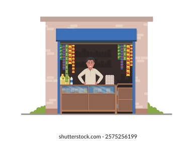 indian shopkeeper inside the small commercial shop, cartoon style vector illustration