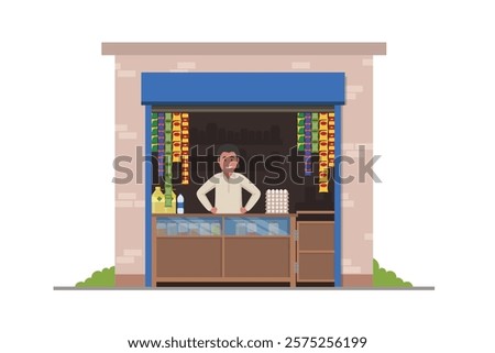 indian shopkeeper inside the small commercial shop, cartoon style vector illustration
