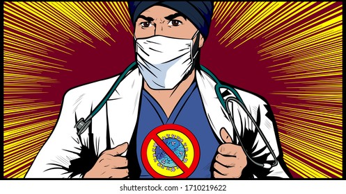 Indian Sikh Man Doctor Wearing Protective Surgical Medical Health Mask And Traditional Rajasthan Turban, Ripping Off His Coat Having Stop Coronavirus Sign On Chest. Pop Art Vector Illustration Comic 