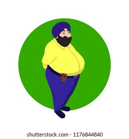 Indian sikh man in turban standing near drum and sugarcane.  Vector illustration 