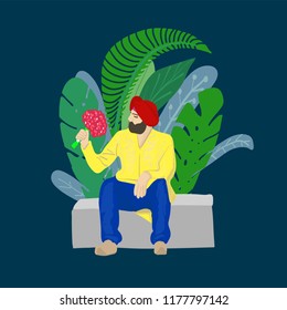  Indian sikh man in turban wih flower bouquet sitting in the garden  Vector illustration