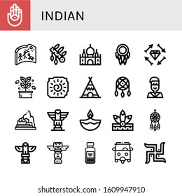 indian simple icons set. Contains such icons as Hamsa, Cave painting, Headdress, Taj mahal, Dreamcatcher, Boho, Herb, Teepee, Native american, can be used for web, mobile and logo