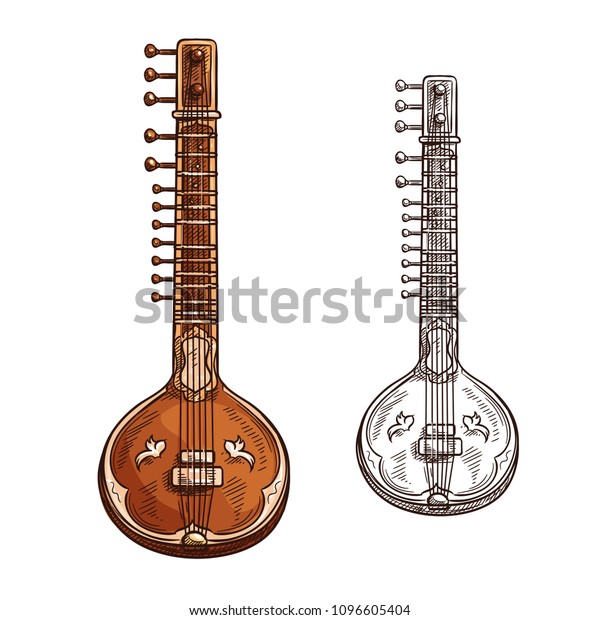 Indian\
sitar musical instrument color sketch icon. Vector isolated vina or\
beena and bina lute symbol for folk music concert or jazz band live\
festival and orchestra musical performance\
design