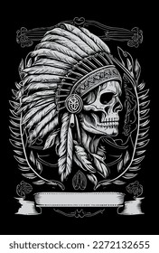 Indian skull black and white hand drawn illustration